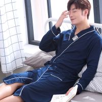 纯棉睡袍男春秋季长袖全棉浴袍男装长款性感睡衣男大码休闲家居服抖音同款