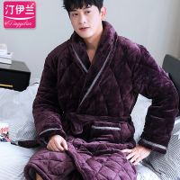 加厚夹棉睡袍男棉袄睡衣浴袍浴衣法兰绒中老年妈爸爸珊瑚绒秋冬季抖音同款