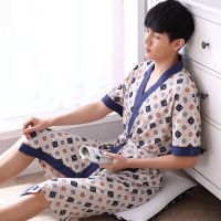 男士睡袍夏季短袖纯棉薄款加肥加大码200斤中年长款浴袍男式睡衣抖音同款