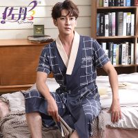 男士睡袍纯棉质睡衣夏天日式和服浴袍夏季全棉浴衣青年款短袖薄款抖音同款