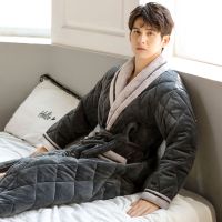 睡袍男士冬季珊瑚绒三层夹棉加厚保暖睡衣法兰绒加大码浴袍家居服抖音同款