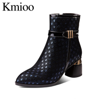 Kmioo J19S052黑色靴子女2019秋冬新款真皮尖头裸单靴粗跟短靴高跟英伦风马丁靴