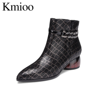 Kmioo J19S0642019秋冬新款粗跟短靴女中跟时尚性感真皮蛇纹英伦风马丁靴裸靴子