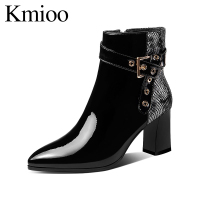 Kmioo J19S009高跟鞋粗跟短靴女2019新款尖头蛇纹漆皮骑士靴裸靴英伦风马丁靴子