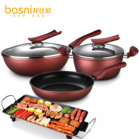 6件套套装锅无烟不粘炒锅套装无油烟锅具不粘锅礼品锅套装 6件套(红手柄)+烤盘 酒6件套