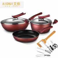 六件套装锅具 不粘锅 炒锅煎锅汤锅平底锅 铁锅 酒红6件套+套刀 套装锅