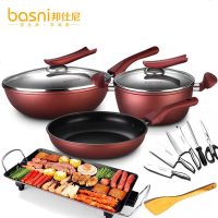 六件套装锅组套装不粘锅炒锅汤锅煎锅电磁炉通用无油烟锅具 酒红6件套(红手柄)+套刀+电烤盘(送厨