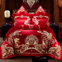 新婚庆床上用品大红色全棉贡缎四件套婚礼喜庆床品六件套结婚被套