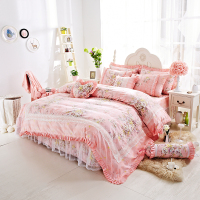 韩版四件套全棉纯棉公主风蕾丝粉色1.5m/1.8米床裙款被套床上用品