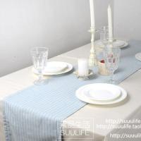 做旧感简约现代 日式清新棉麻素麻亚麻条纹浅蓝天蓝餐桌茶几桌旗