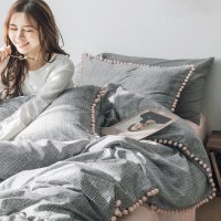 全棉贡缎长绒棉四件套 公主风春夏千鸟格球球被套床单床上用品