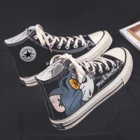 卡通猫和老鼠新款涂鸦儿童鞋亲子帆布高帮系带男童女童板鞋运动鞋