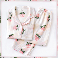 日系全棉纱布睡衣女长袖双层棉纱纯棉春秋草莓家居服套装大码夏薄