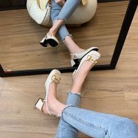 达芺妮真皮包头凉鞋女2021年新款法式马衔扣粗跟一字扣高跟玛丽珍