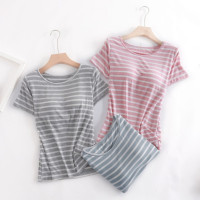 女带胸垫短袖t恤睡衣 bra-t文胸罩杯一体半袖条纹宽松大码