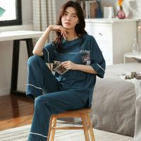 5xl睡衣女短袖长裤棉质加大码胖mm200斤家居服两件套装月子服夏天