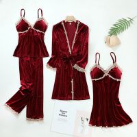 金丝绒春秋冬睡衣女性感诱惑蕾丝吊带睡裙长袖四件套装睡袍家居服