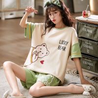 春夏季睡衣女士短袖短裤棉质 韩版可爱卡通可外穿大码家居服套装