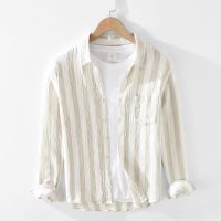 日系复古压皱亚麻衬衫男士长袖春夏季薄款宽松休闲条纹青年衬衣潮