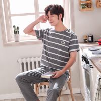 男士睡衣夏季纯棉短袖长裤韩版宽松加肥大码男夏天薄款家居服套装