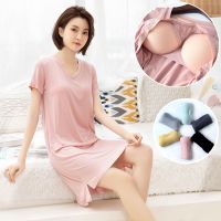 高档带胸垫睡裙女短袖棉夏中长裙睡衣宽松薄款家居服可外穿