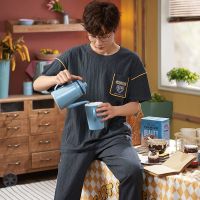 2021新款男士睡衣夏季纯棉短袖长裤加肥加大码夏天薄款家居服套装