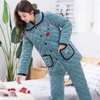 睡衣女士冬季三层加厚夹棉套装保暖甜美可爱法兰绒冬天长款家居服