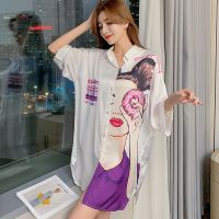 夏季睡裙女冰丝性感薄款睡衣中长袖衬衫情调男友风甜美家居服春秋