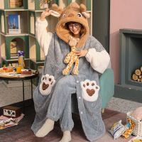 睡衣女冬季加厚珊瑚绒睡袍学生韩版可爱法兰绒浴袍长款家居服套装