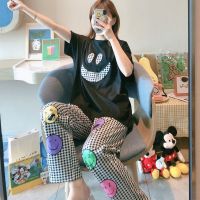 睡衣女士夏季新款短袖长裤笑脸学生韩版可爱纯棉套装家居服可外穿