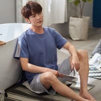 夏季短袖睡衣男式纯棉短裤夏天男士薄款加肥加大码全棉男款家居服