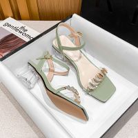 达芺妮真皮高跟凉鞋女粗跟一字扣带仙女风气质水晶中跟夏季百搭鞋