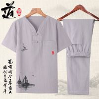 夏季棉麻套装男短袖t恤九分裤两件套中国风宽松亚麻中老年爸爸装