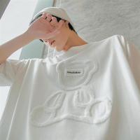 西西里男装小熊短袖t恤男2021年新款植绒印花白色体恤衫宽松上衣