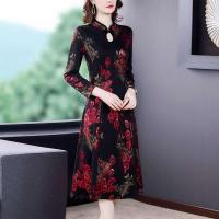 秋冬款高档旗袍阔太太加厚加绒长袖中年妇女妈妈旗袍裙洋气连衣裙