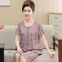 中老年妈妈睡衣女夏季棉质短袖七分裤开衫大码婆婆薄款套装家居服