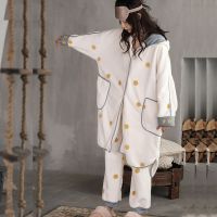 法兰绒睡衣女秋冬加厚加绒长款睡袍保暖套装冬季家居服珊瑚绒浴袍
