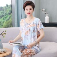 棉绸睡衣女夏季套装妈妈短袖家居服中老年绵绸睡衣大码薄款可外穿