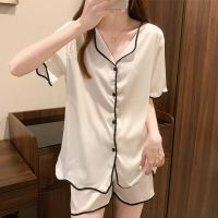 睡衣女冰丝绸夏季短袖长裤薄款春秋开衫性感宽松新款两件套家居服