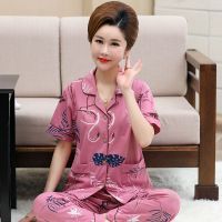 夏季高档纯棉中老年妈妈睡衣女士短袖长裤大码宽松薄款家居服套装