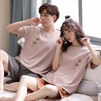 短袖情侣装一男一女睡衣女纯棉春夏季睡裙短裤洋气全棉家居服薄款