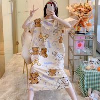 夏季短袖睡裙女长款过膝短袖睡衣女加肥大码200斤女士睡衣连衣裙