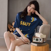 纯棉高档睡衣短袖女士可外穿大码女学生家居服薄夏季两件套装宽松