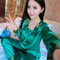 新款睡衣女士长袖长裤套装春秋夏季中年女式冰丝绸家居服加肥大码