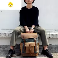 FENGHOU英伦复古油蜡帆布双肩包户外旅行背包电脑书包休闲疯马皮潮男
