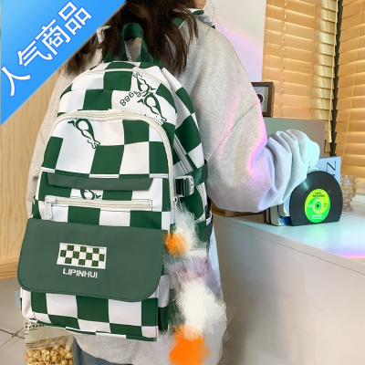 封后高颜值棋盘格书包女初中生大容量克莱因蓝小众设计感大学生双肩包学生书包