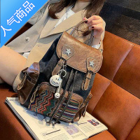 封后配牛仔布双肩包2022新款潮刺绣撞色休闲背包大容量抽绳旅行包旅行包男女