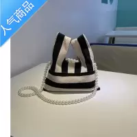 封后2022新款小众设计夏季百搭条纹帆布珍珠链条包可爱单肩斜挎腋下包手提包