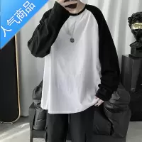 喻娄春季港风ins超火拼接长袖T恤男宽松潮流原宿bf风中袖打底衫上衣服
