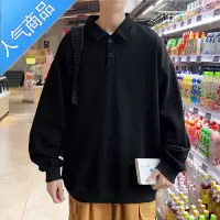 喻娄纯色长袖POLO衫男士春秋季港风ins潮牌翻领宽松oversizeT恤卫衣服